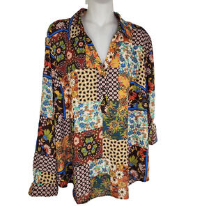 Floral & Ivy Womens Top Pullover Patchwork Long Tab Sleeve Festive Boho Artsy L